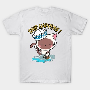 Funny White Cat Ship Happens Pun T-Shirt